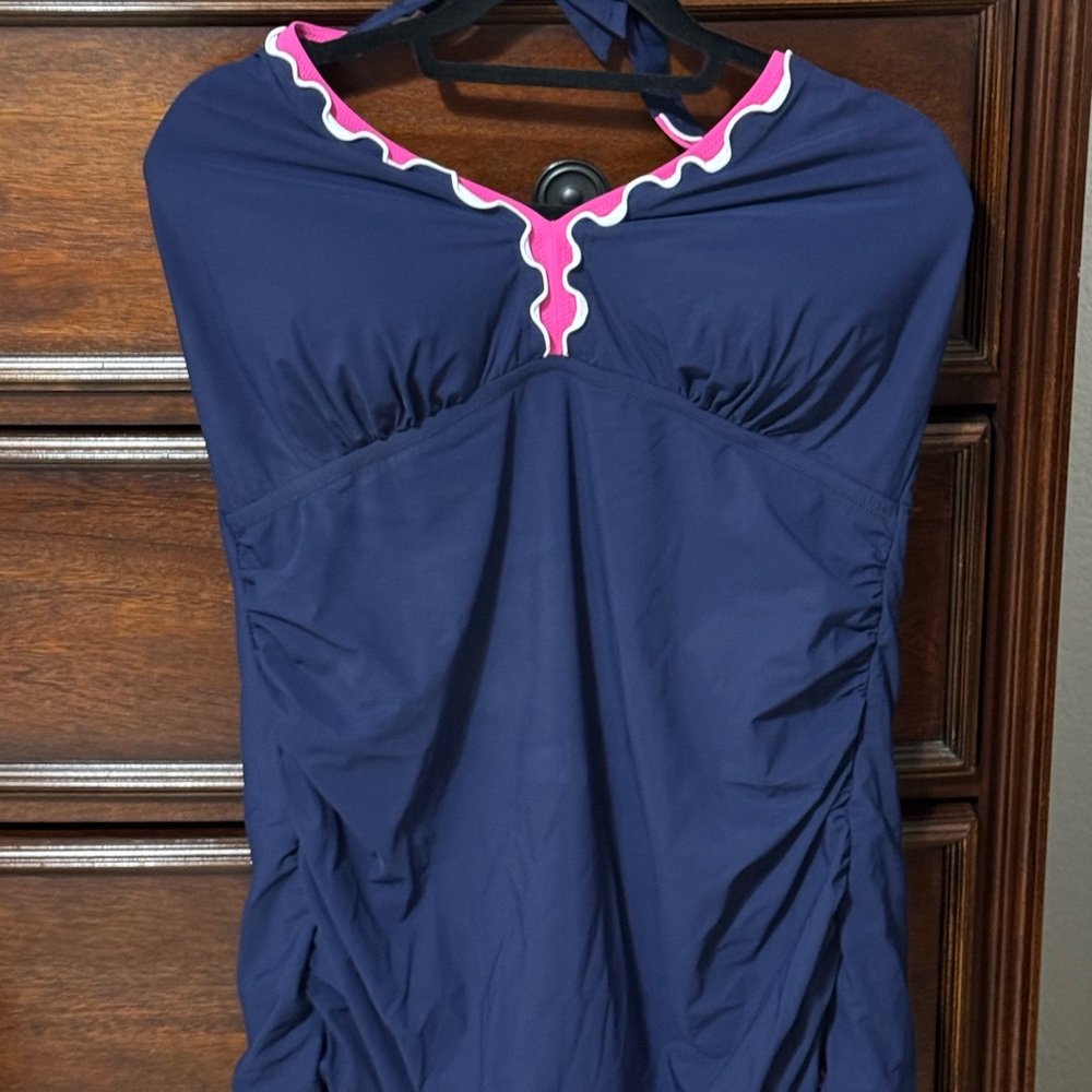 Navy Halter Swimsuit with Pink Trim